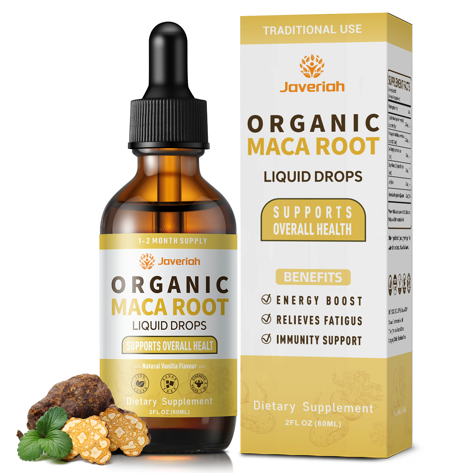 Javeriah Organic Maca Root liquid drops bottle and box